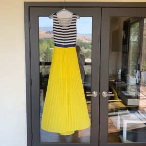 Long Pleated Tank Dress Blue/White/Yellow Medium